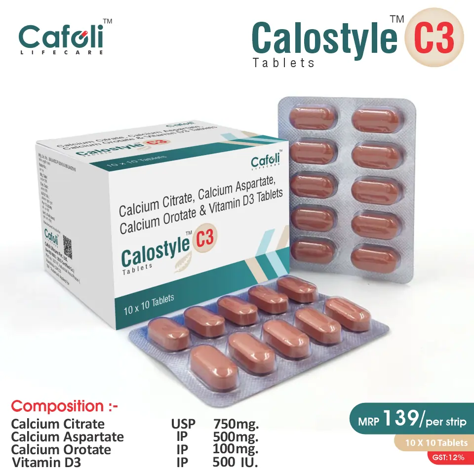 Calcium Citrate, Calcium Aspartate Anhydrous, Calcium Orotate & Vitamin D3 Tablets at the best price in PCD Pharma Franchise for bone health.